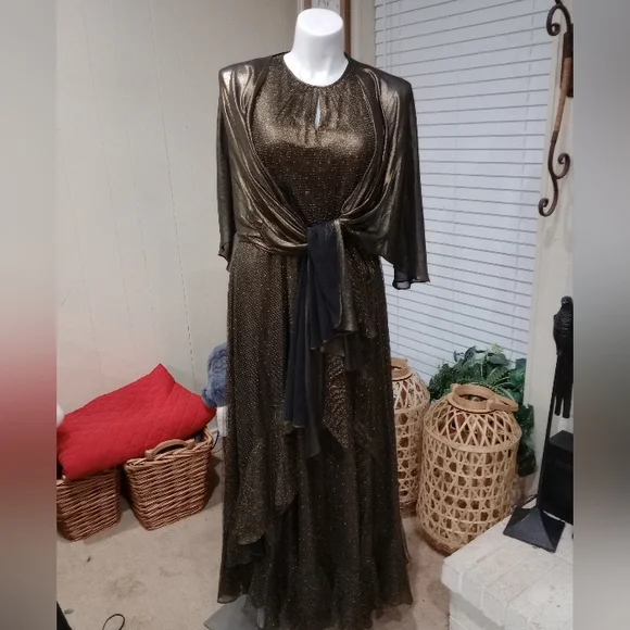 Gold Bronze Metallic Tiered Ruffle Hem Dress Size 16 Shawl Included NWOT - Picture 4 of 14